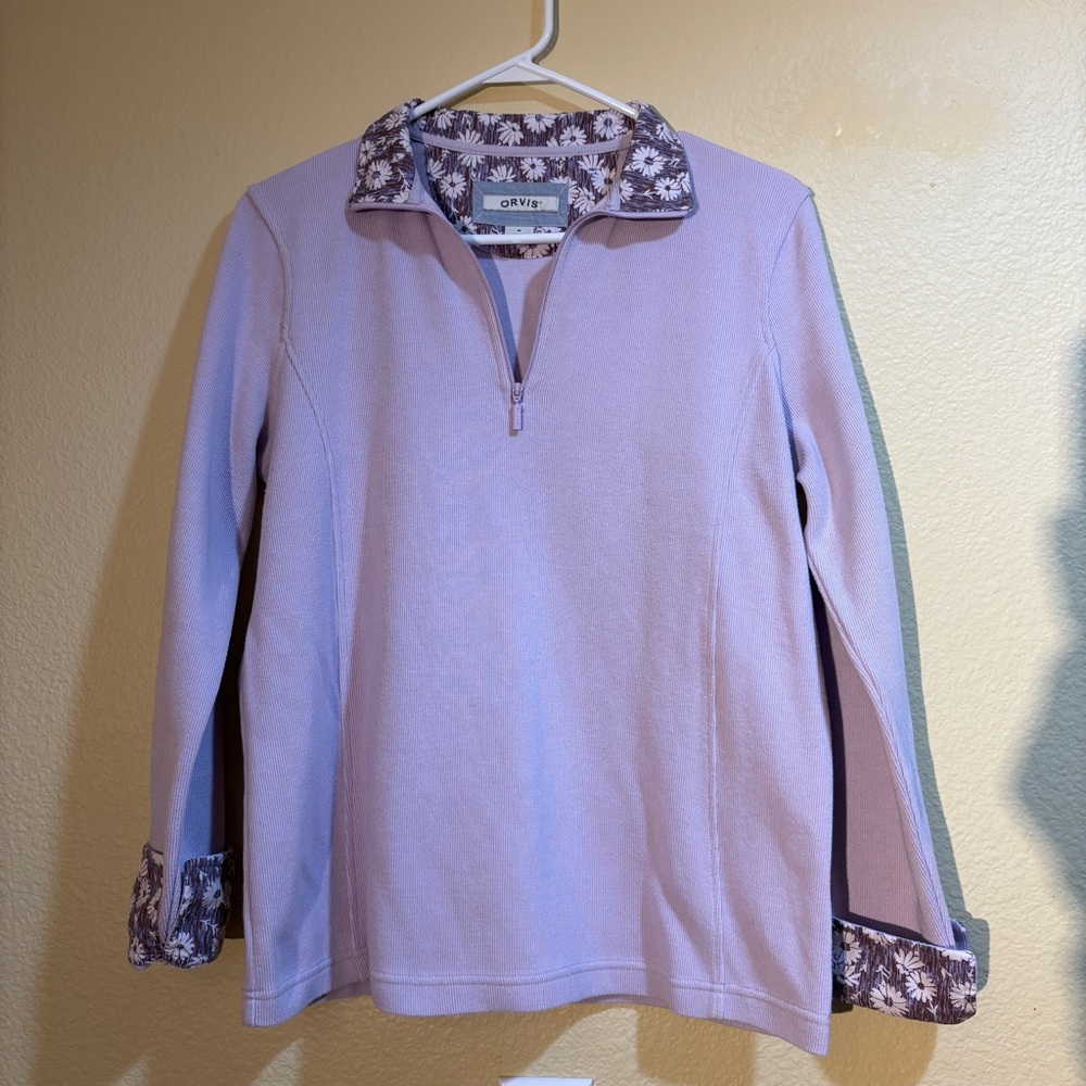 Orvis Purple Lilac Flower Trimmed Ribbed Pullover Quarter Zip Sweater Medium
